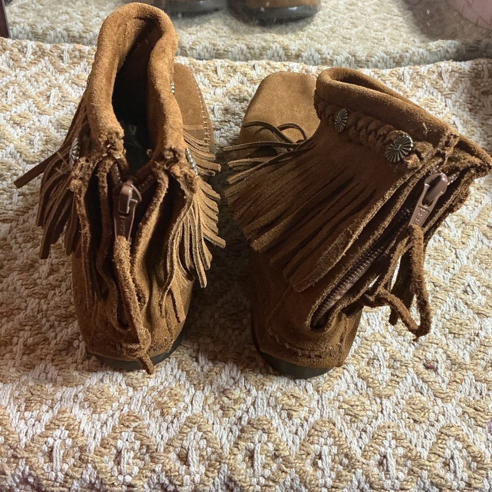 Minnetonka Tan Fringe Ankle Boots - Picture 2 of 5